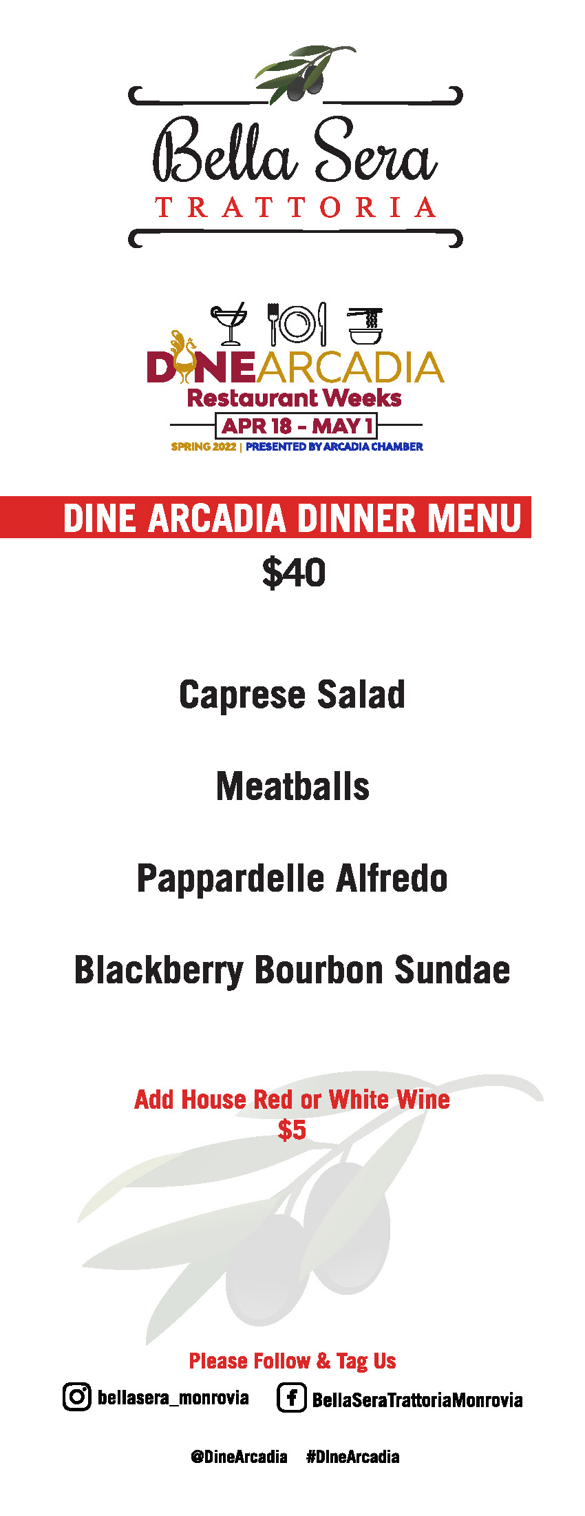 Bella Sera dinner menu for Dine Arcadia