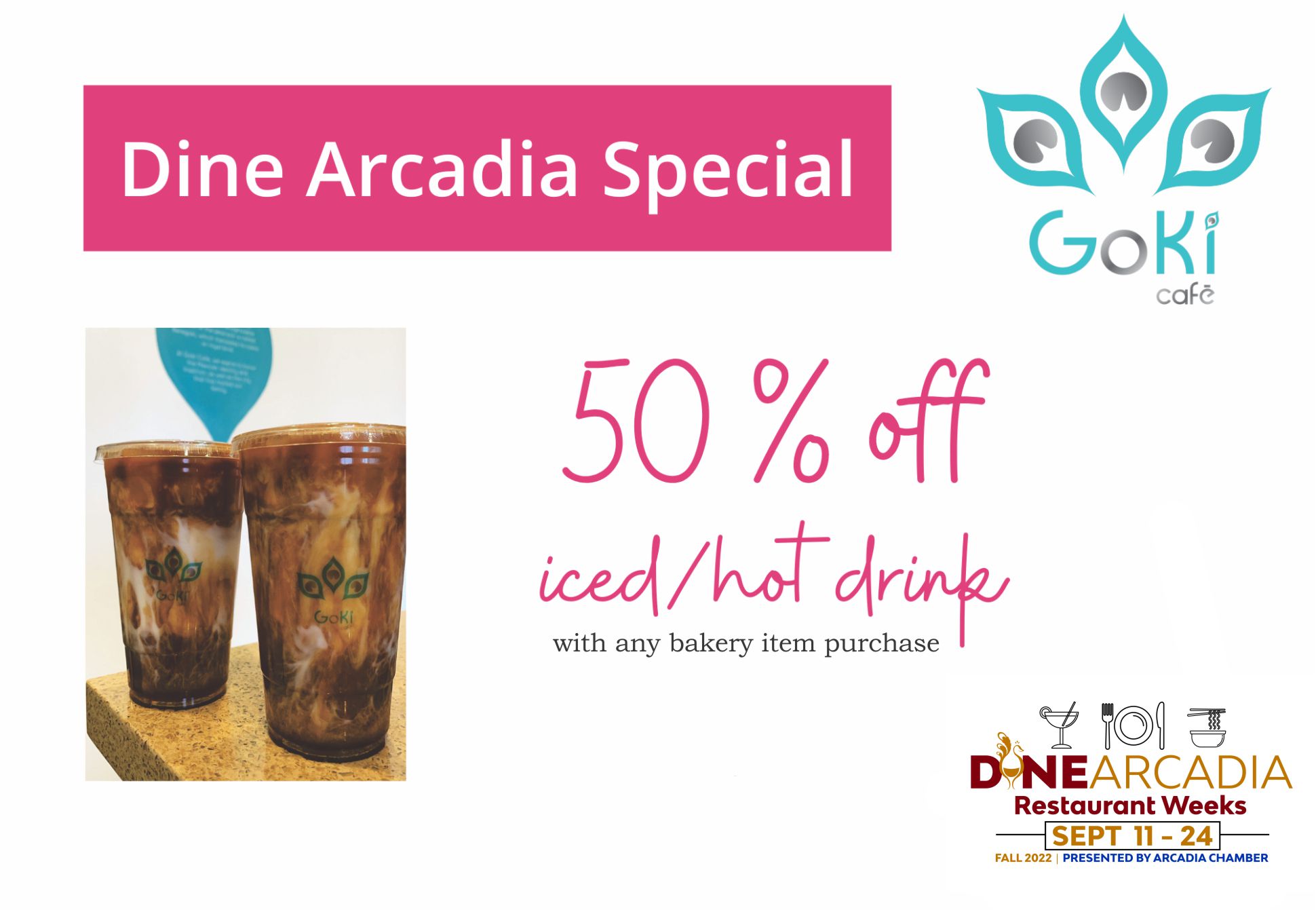 Goki Cafe Dine Arcadia promo for September showing Goki logo and two latte drinks
