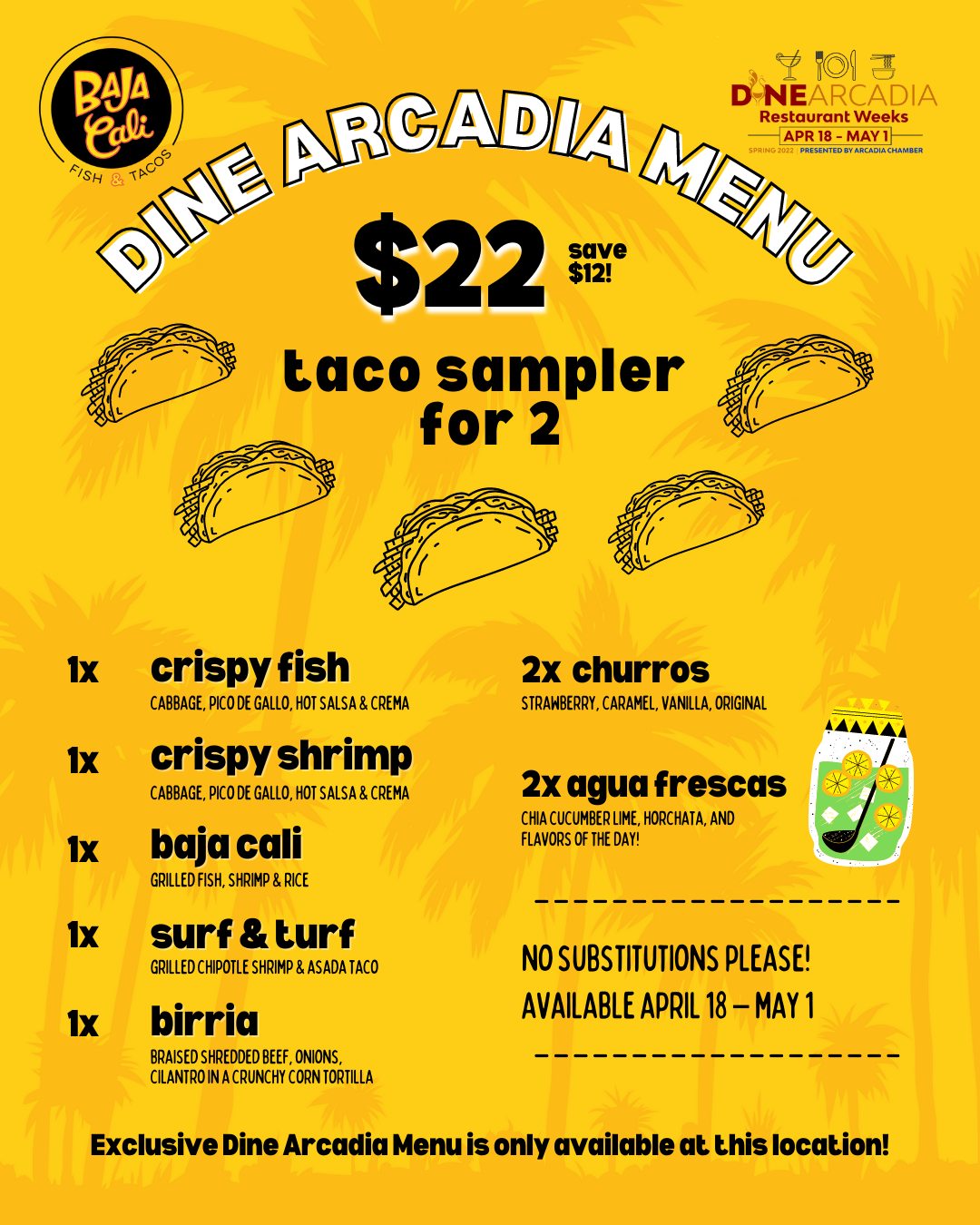 Baja Cali flyer with Dine Arcadia items listed