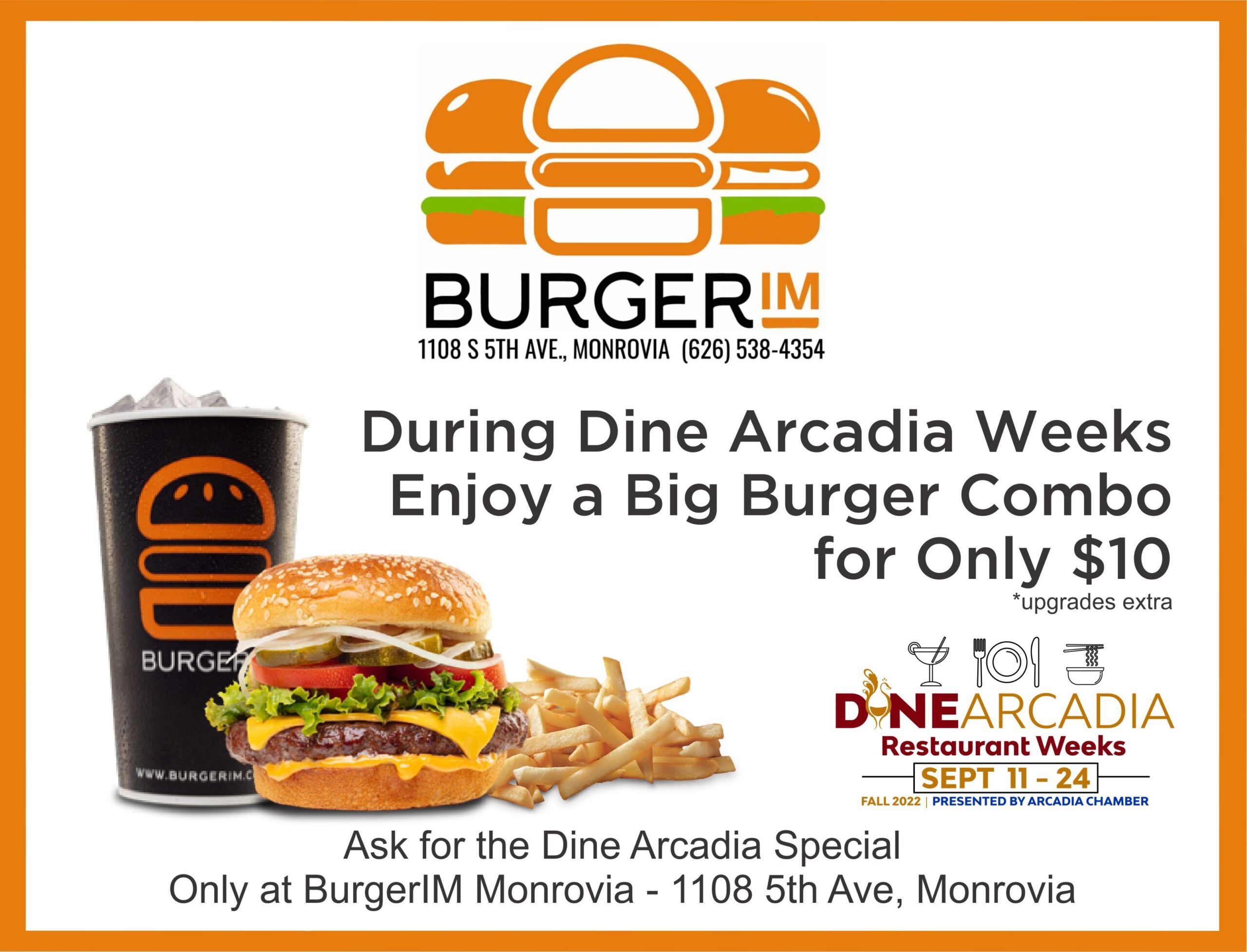 BurgerIM Dine Arcadia specials showing burger, drink, and fries for September 2022