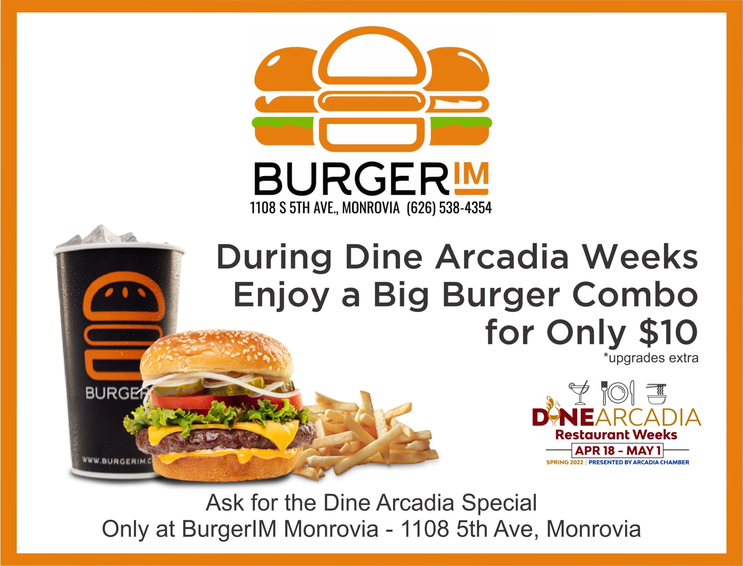 BurgerIM Dine Arcadia promo showing big burger combo and BurgerIM logo