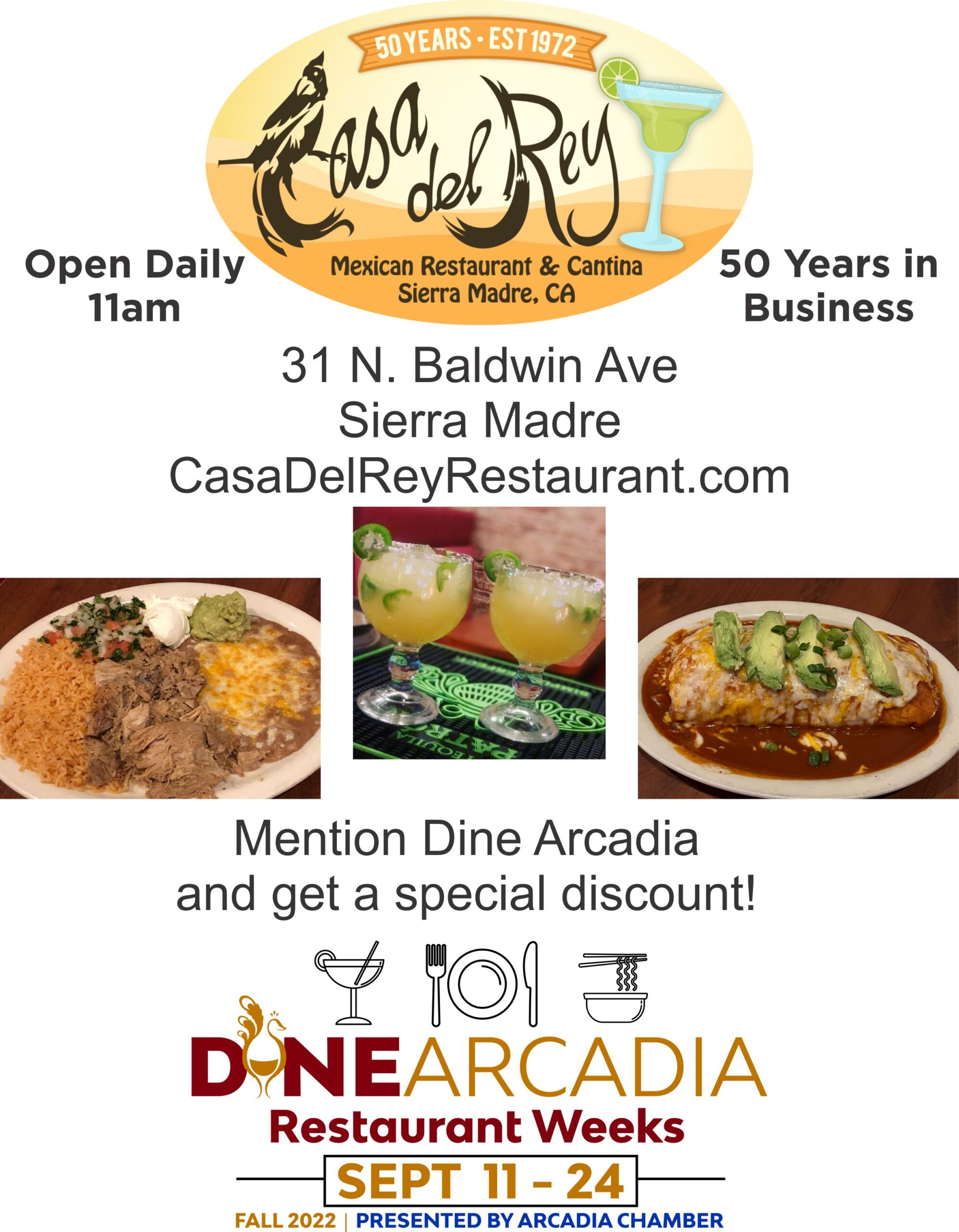 Casa Del Rey promotions for Dine Arcadia showing plates of Mexican food and margaritas