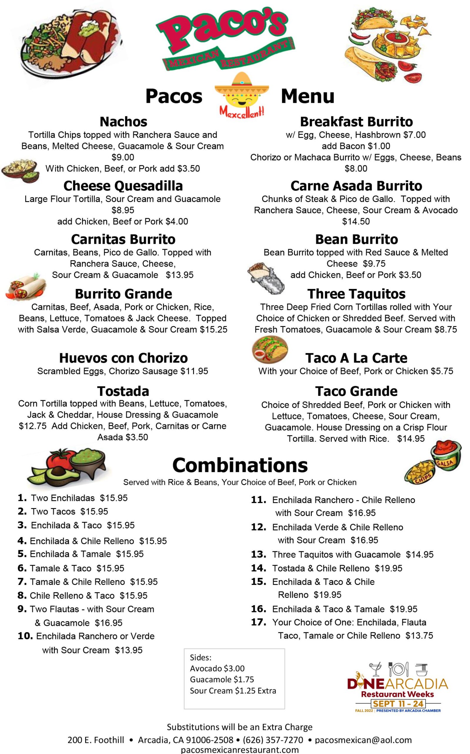Paco's Dine Arcadia food menu