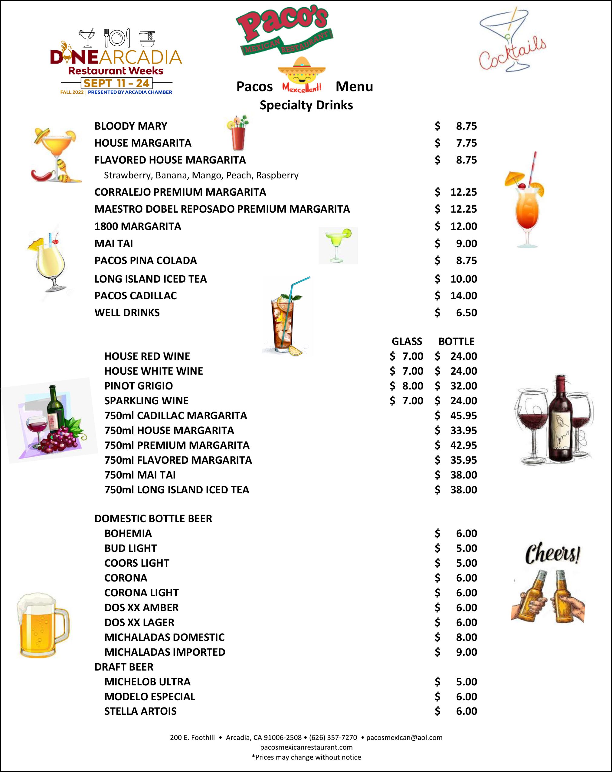 Paco's Dine Arcadia menu featuring liquor specials