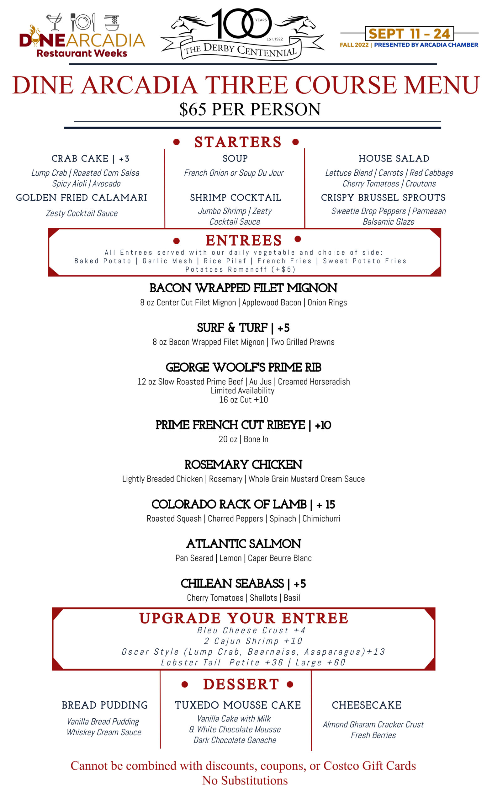Dine Arcadia September menu for the Derby featuring three course meal