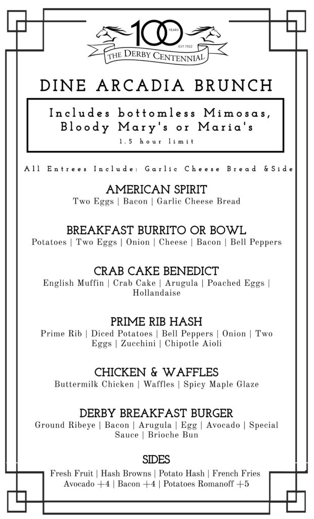 The Derby brunch menu with items listed for Dine Arcadia 