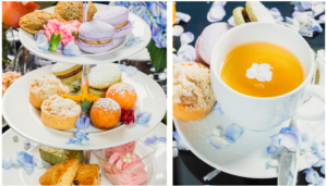 Le Meridien high tea settings image of desserts alongside image of white teacup on saucer with blue flowers