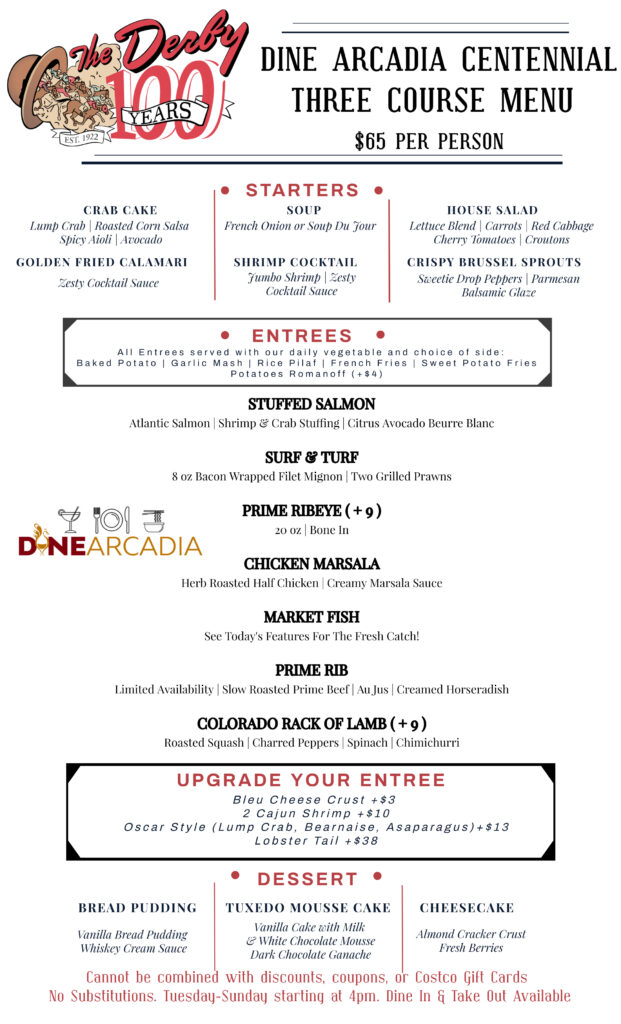 The Derby menu for Dine Arcadia 2022 listing three course menu items