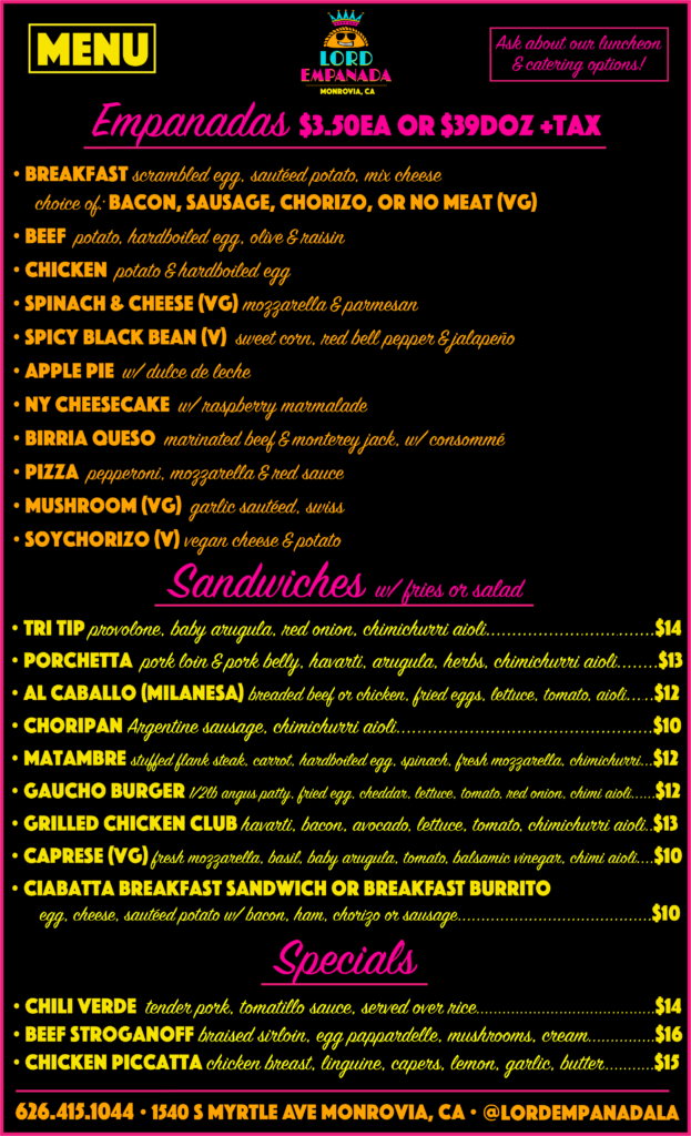 menu for Lord Empanada