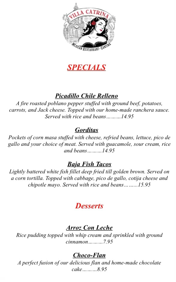 a menu for Villa Catrina showing specials for Dine Arcadia
