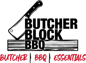 black and red logo for Butcher Block BBQ showing knife on a wood block