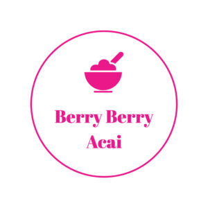 pink and white Berry Berry Acai logo showing acai bowl in circle