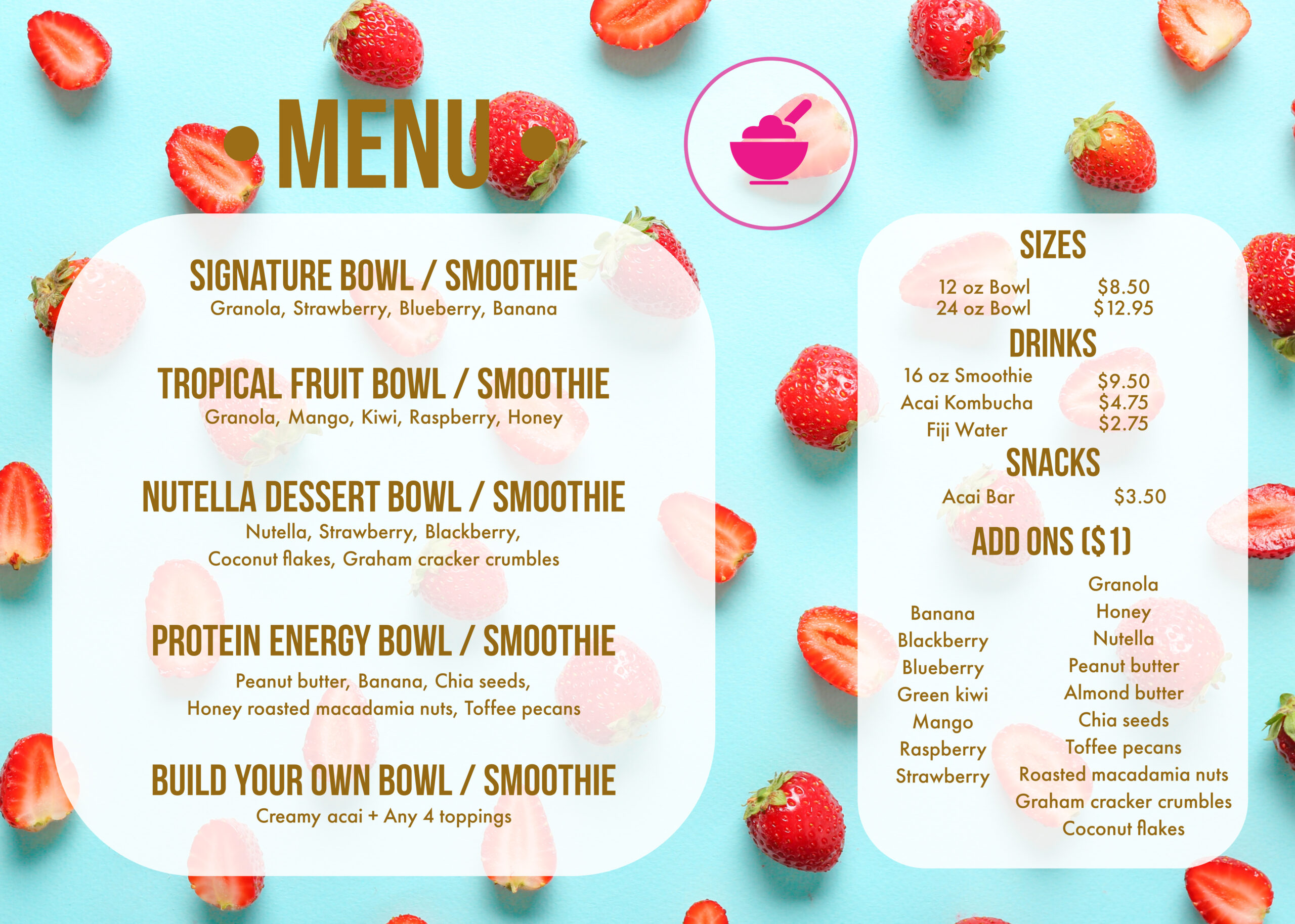 menu for Berry Berry Acai with background of strawberries