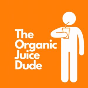 orange and white logo for the Organic Juice Dude