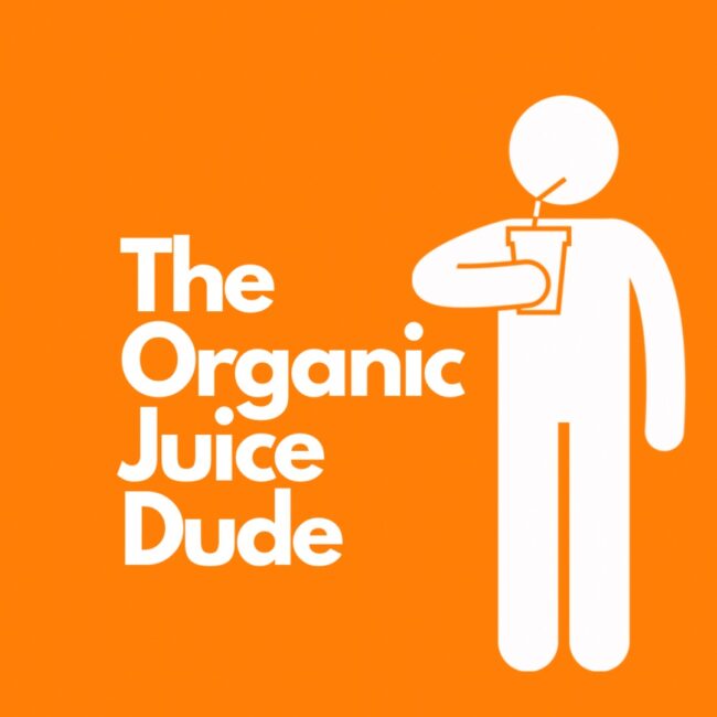orange and white logo for the Organic Juice Dude