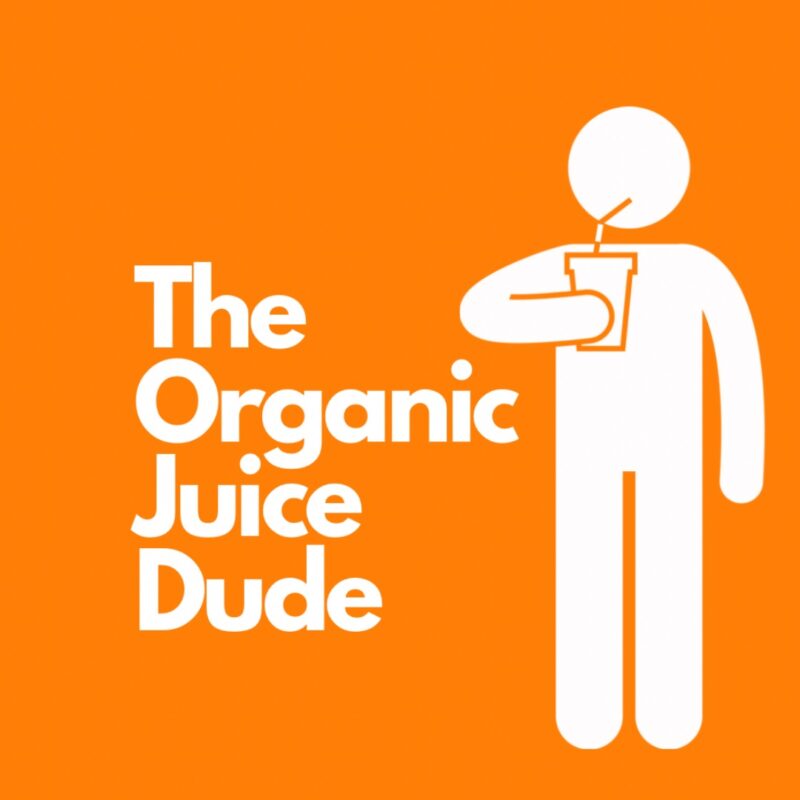 orange and white logo for the Organic Juice Dude