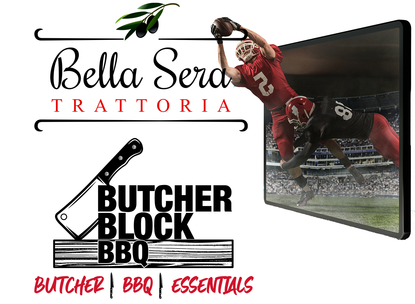 Bella Sera Trattoria and Butcher Block BBQ Logos together with football players playing.