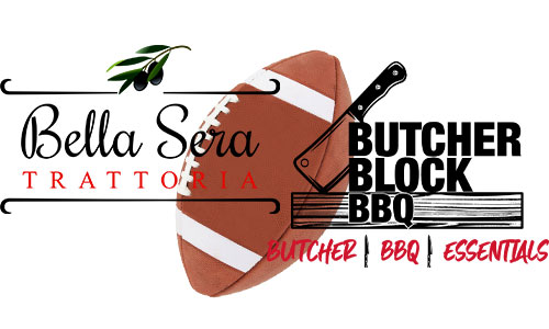 Bella Sera Trattoria and Butcher Block BBQ Logos together with a football in the background.