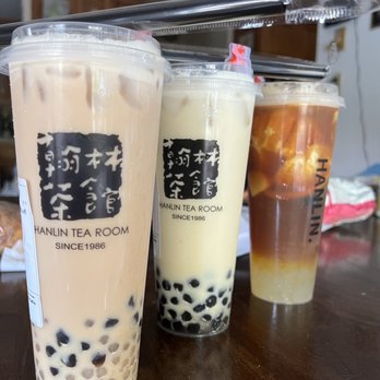 Three different flavors of tea in a big cup from Hanlin's Tea Room